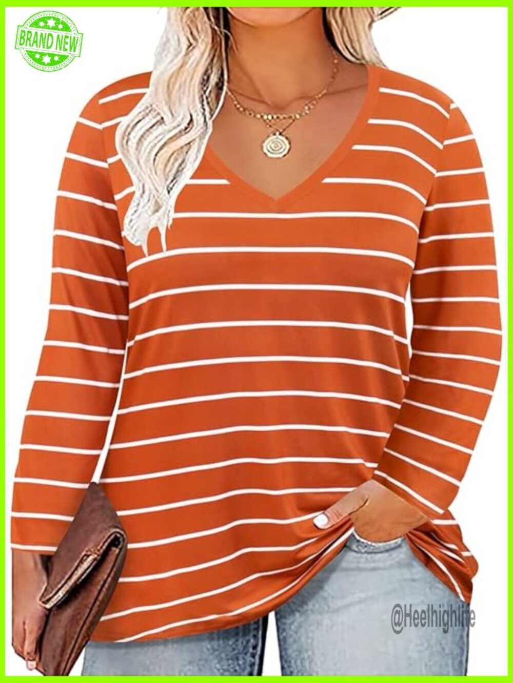 Plus Size Long Sleeve V-Neck Tunic Top Loose Fit Casual Pullover Tee
